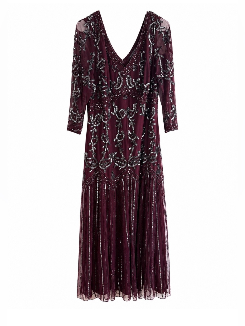 Embellished Roamans Burgundy Long Sleeve Evening Dress gown